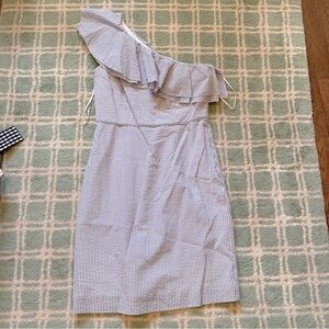 J. Crew blue seersucker one shoulder dress: S